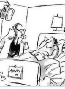 Cartoon de um paciente deitado em um cama hospitalar conversando com o médico que está de pé ao seu lado 